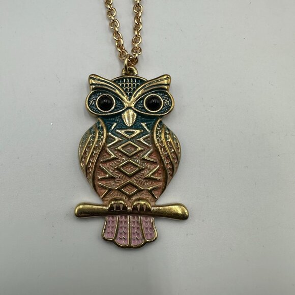 3/$30 Owl Pendant Necklace Gold Tone Multicolored Enamel Geometric Long Chain - Picture 2 of 12